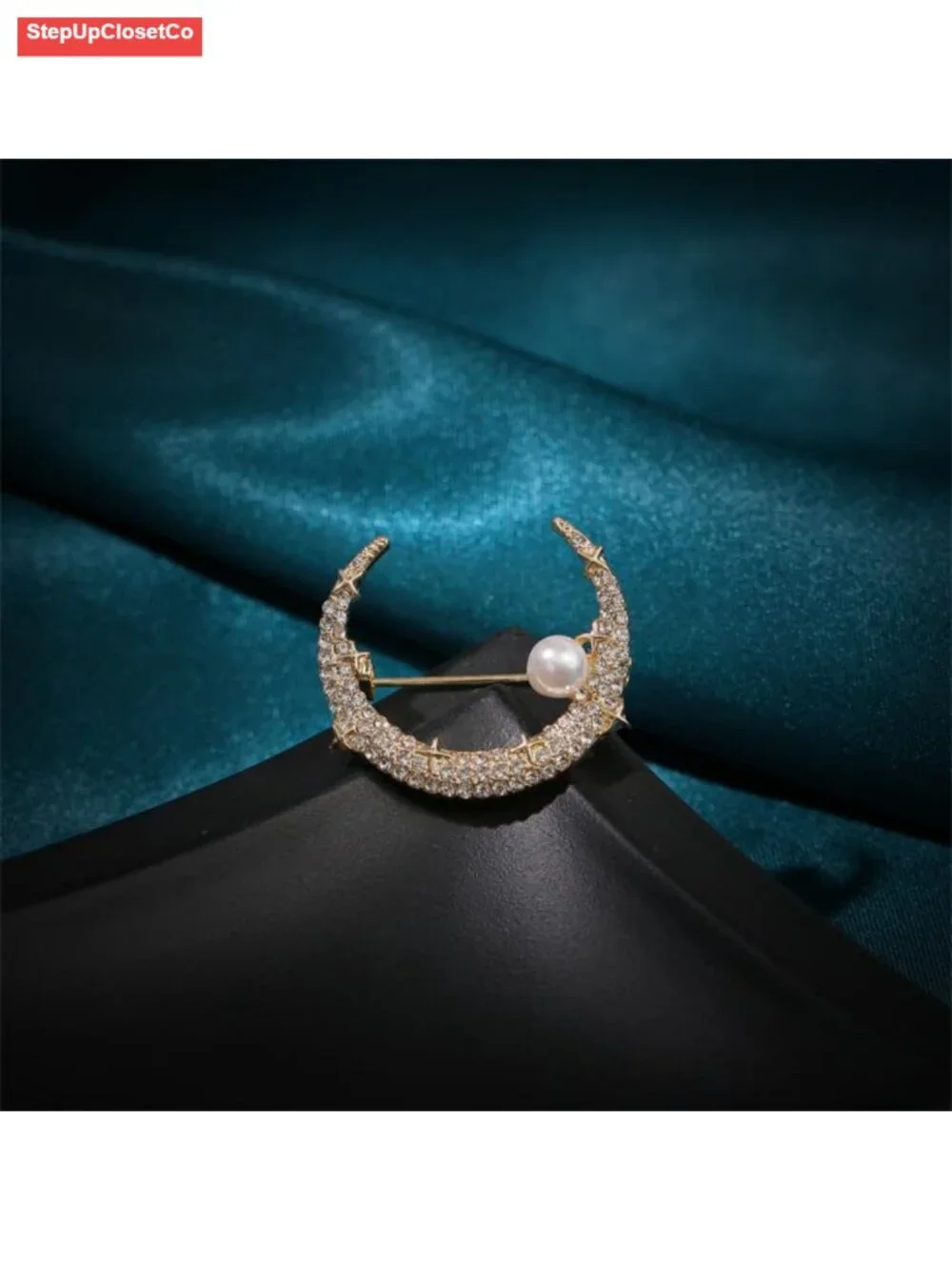 Crescent Moon Brooch Pin with Rhinestone Crystal & Freshwater Pearl for Women
